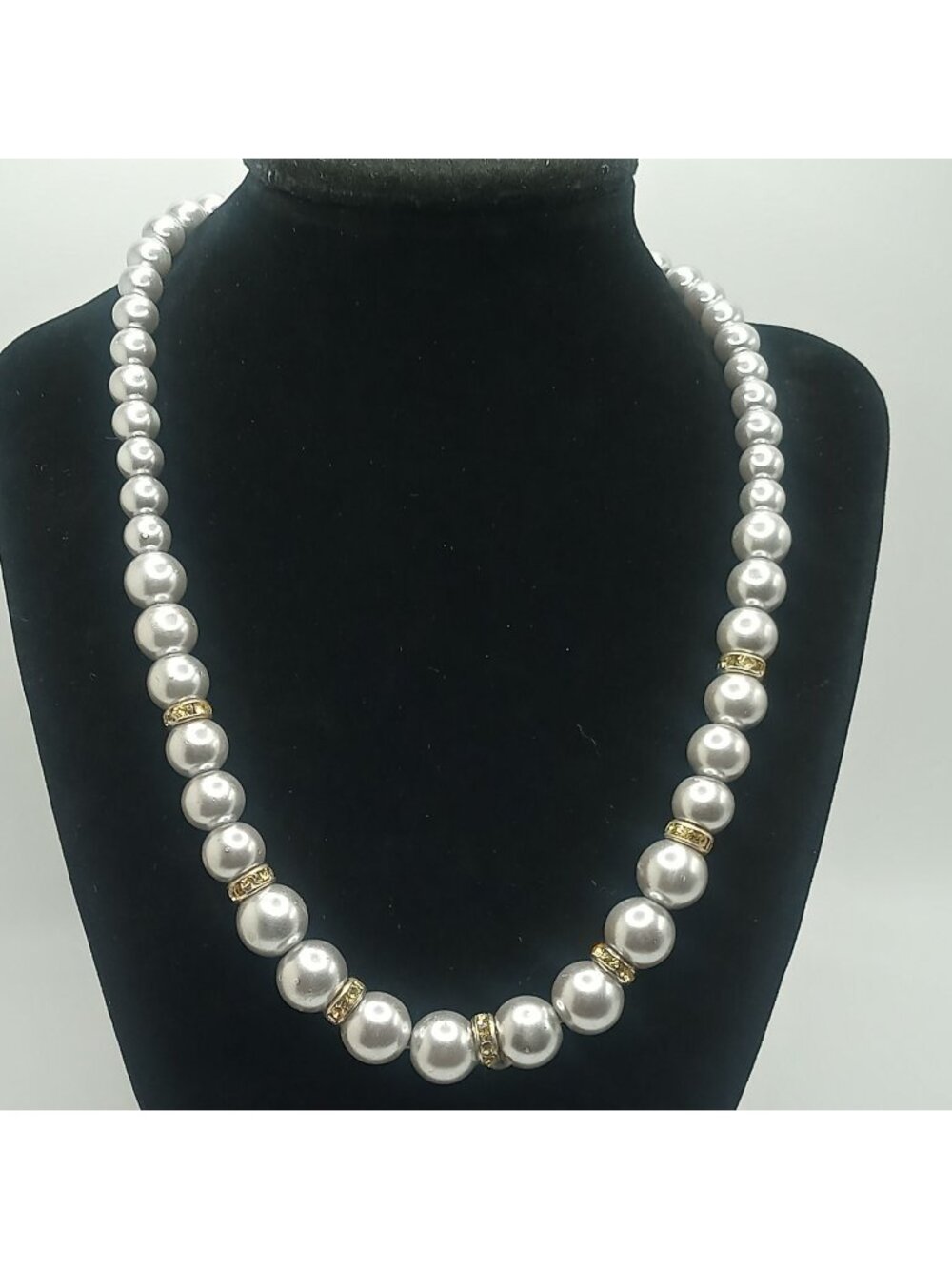 Elegant Silver Tone Glass Faux Pearl Necklace Gold Accents & Rhinestone Spacers
